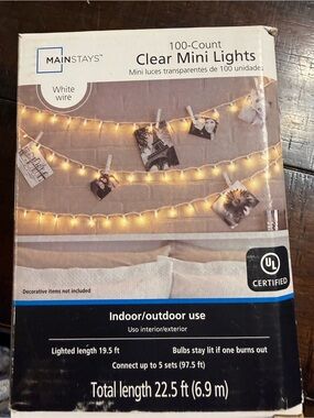 NIB Mainstays Warm White Clear Mini String Lights - 100 Count